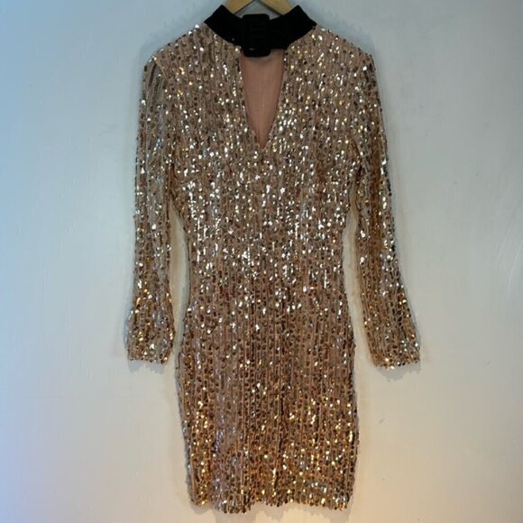 Rose gold sequins mini dress with black velvet buckle collar size medium - Picture 2 of 11